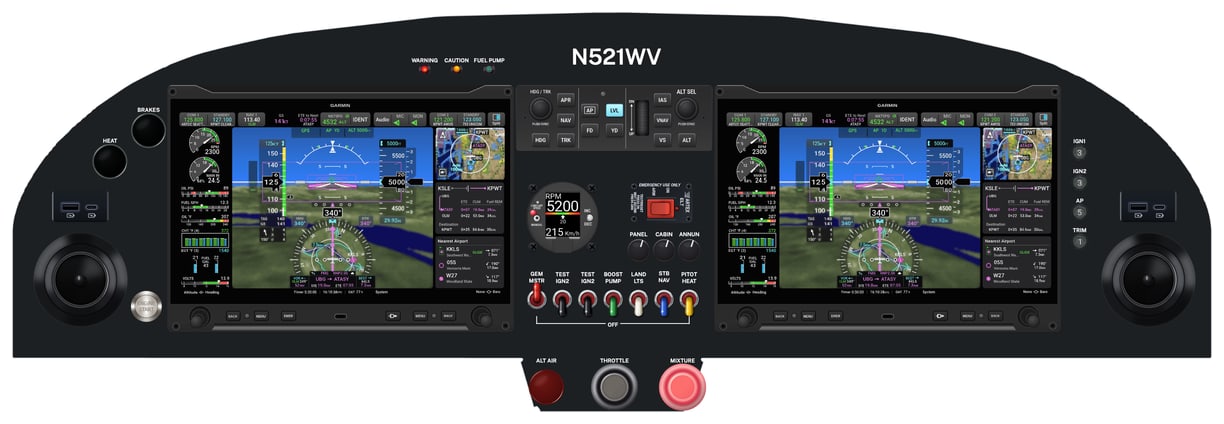 A RANS S-21 instrument panel laid out in the Panel Designer: black, labeled, with two Garmin G3X Touch displays